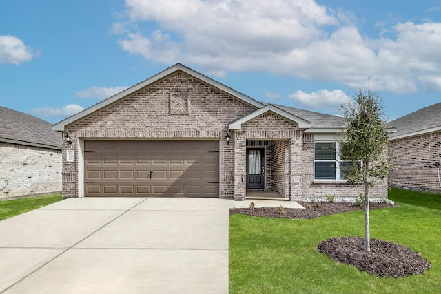 ranch-style home with a front yard, brick siding, driveway, and an attached garage