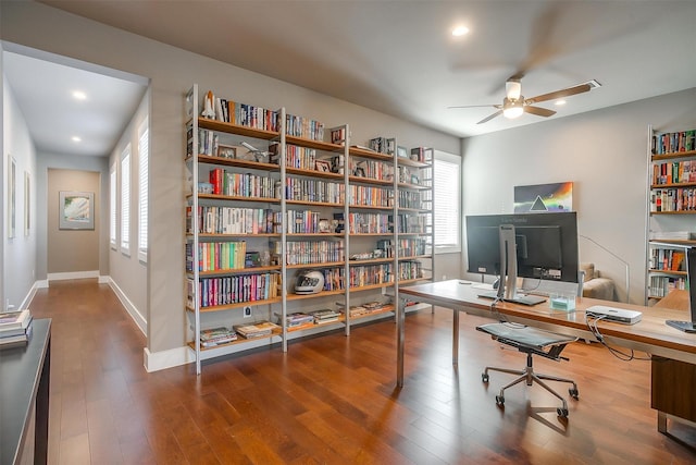 office space with recessed lighting, wood finished floors, a ceiling fan, and baseboards