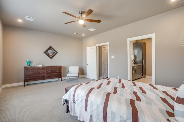 bedroom with a ceiling fan, recessed lighting, visible vents, and baseboards