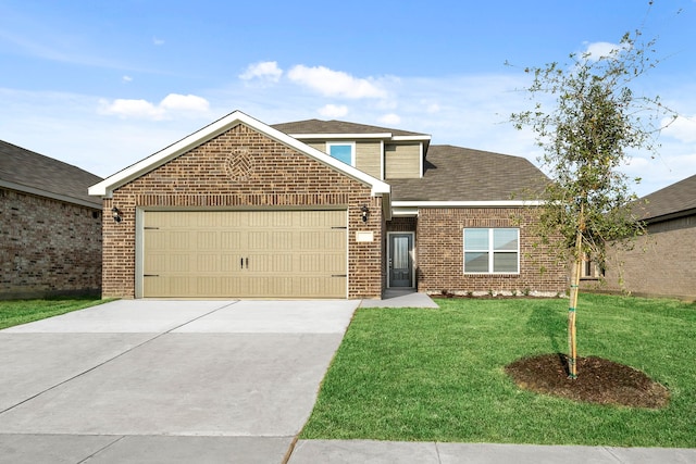 traditional-style house featuring an attached garage, a front yard, concrete driveway, and brick siding