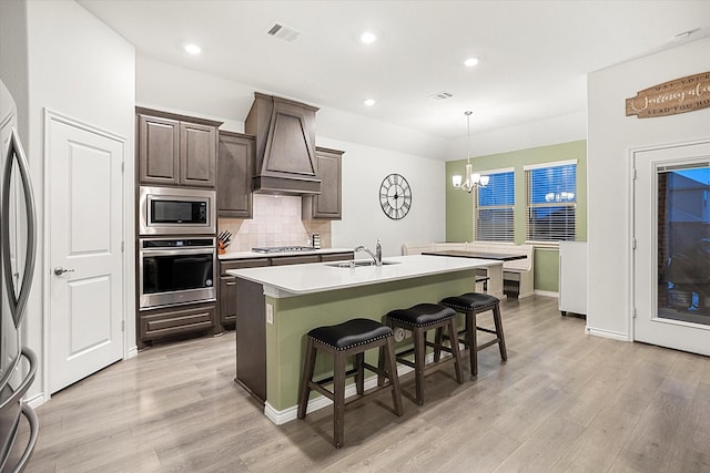 kitchen with an island with sink, appliances with stainless steel finishes, light countertops, a kitchen bar, and a sink