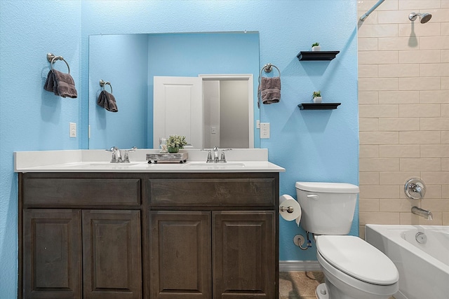 full bath featuring double vanity, toilet, a sink,  shower combination, and baseboards