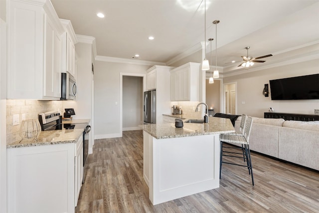 kitchen featuring pendant lighting, appliances with stainless steel finishes, open floor plan, white cabinets, and a sink