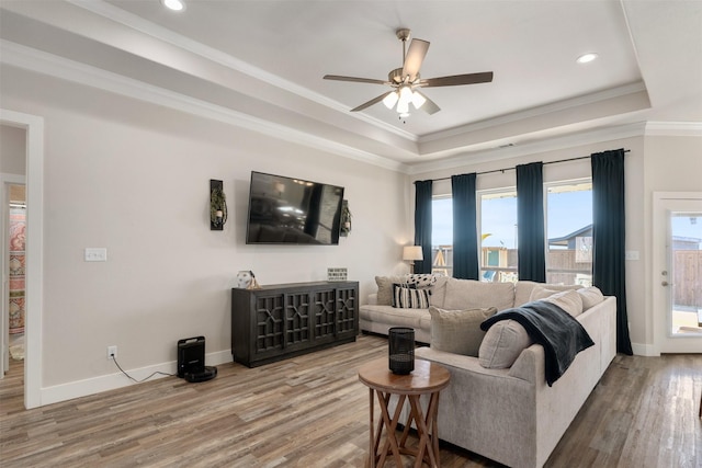 living area with wood finished floors, a raised ceiling, and crown molding