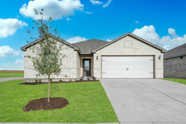 ranch-style house featuring a front lawn, concrete driveway, brick siding, and an attached garage