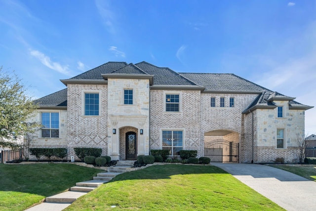 french country style house featuring a front yard, a gate, fence, stone siding, and driveway