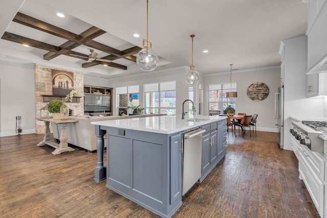 kitchen featuring coffered ceiling, a sink, appliances with stainless steel finishes, gray cabinets, and dark wood finished floors