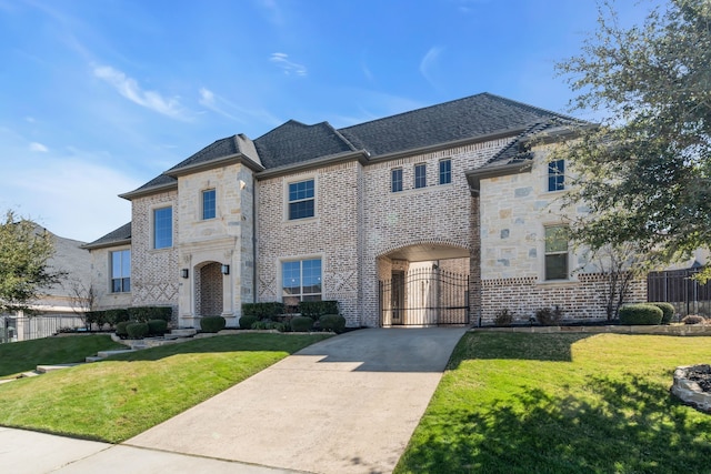 french country inspired facade featuring driveway, a gate, fence, a front lawn, and brick siding