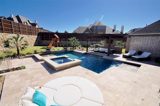 view of swimming pool featuring a playground, a fenced backyard, an outdoor hangout area, a pool with connected hot tub, and a patio area