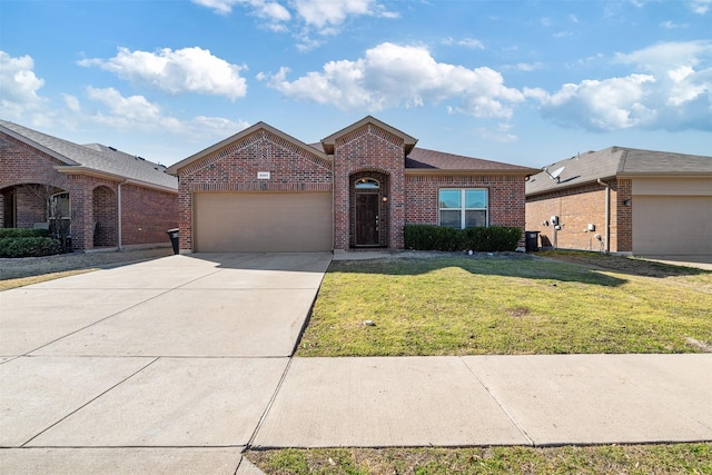 view of front of property featuring driveway, brick siding, an attached garage, and a front yard