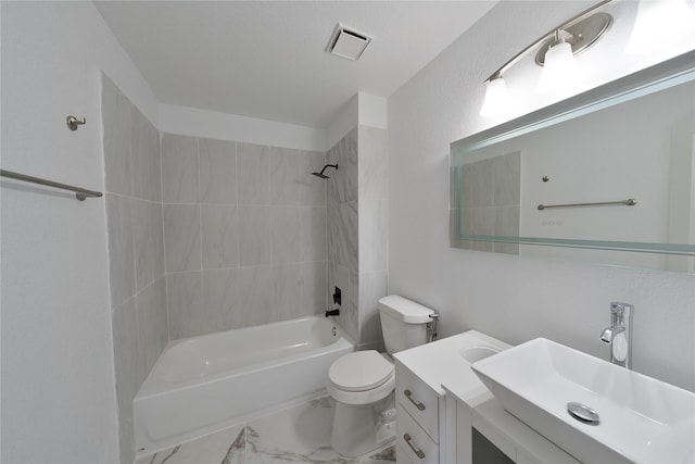 full bathroom featuring toilet, vanity, visible vents, marble finish floor, and shower / bathing tub combination