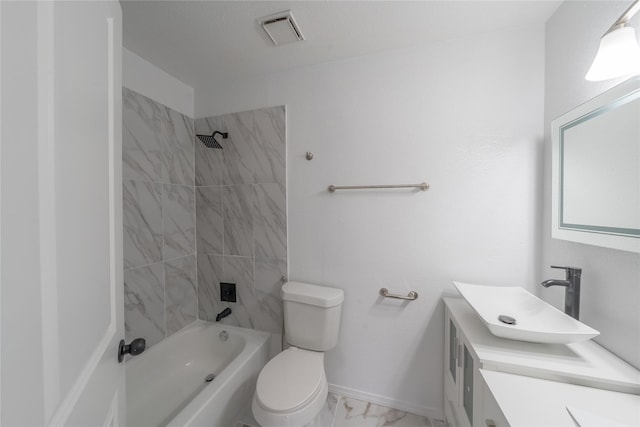 bathroom with toilet, shower / bath combination, vanity, visible vents, and marble finish floor