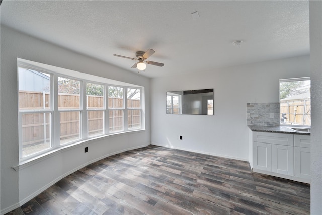 interior space featuring a wealth of natural light, a textured ceiling, and dark wood-type flooring