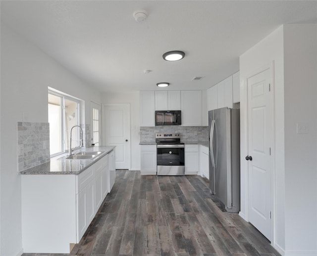 kitchen featuring tasteful backsplash, appliances with stainless steel finishes, dark wood finished floors, and a sink