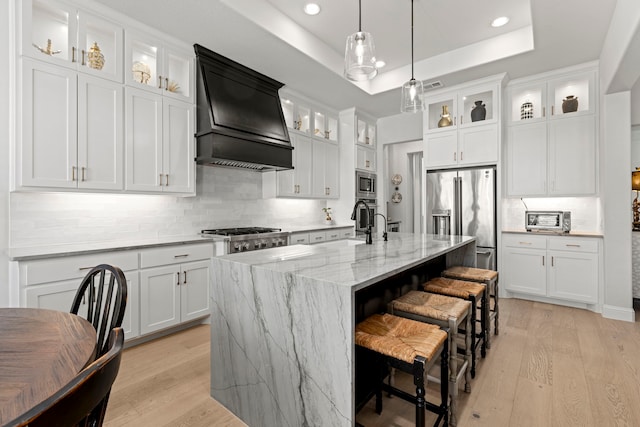 kitchen with a kitchen island with sink, light wood-style flooring, appliances with stainless steel finishes, custom exhaust hood, and a raised ceiling