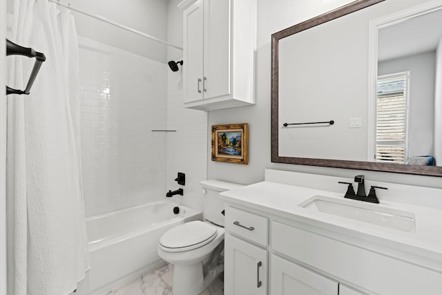 full bathroom with toilet, marble finish floor, shower / tub combo, and vanity