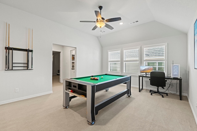 playroom featuring light carpet, baseboards, visible vents, pool table, and vaulted ceiling