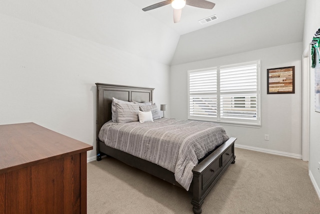 bedroom with light carpet, baseboards, visible vents, lofted ceiling, and ceiling fan