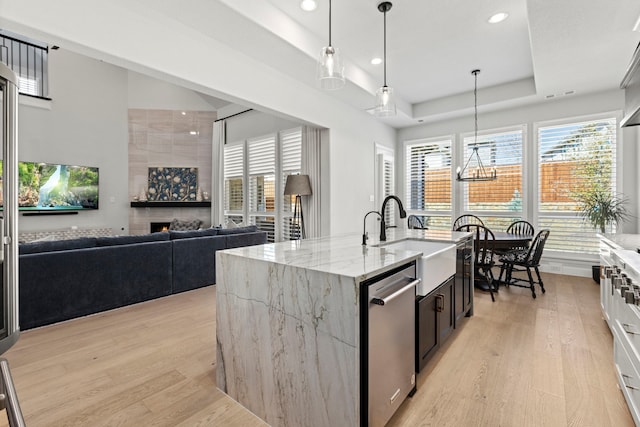 kitchen with light wood finished floors, a raised ceiling, dishwasher, a tile fireplace, and a sink