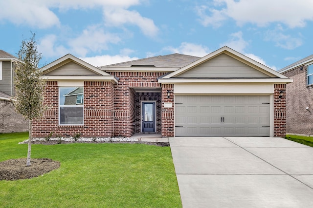 single story home with a garage, brick siding, driveway, and a front lawn