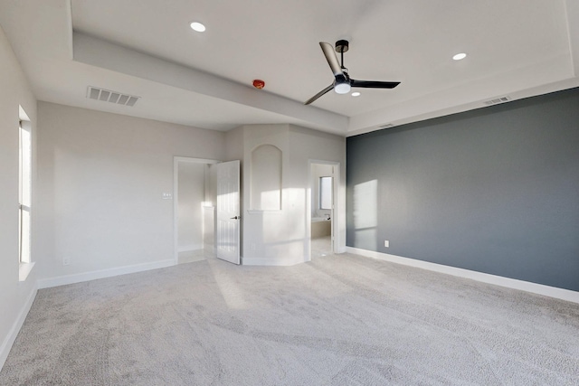 unfurnished bedroom with carpet, visible vents, baseboards, and recessed lighting