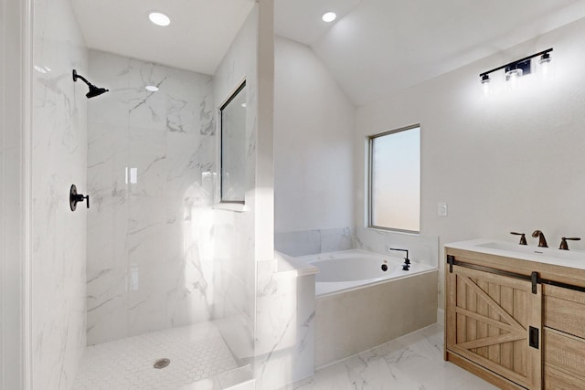 bathroom featuring a marble finish shower, marble finish floor, vaulted ceiling, vanity, and a bath