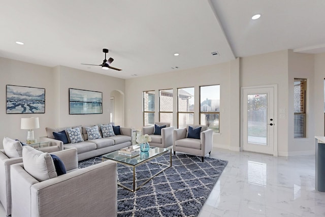 living area featuring marble finish floor, recessed lighting, visible vents, ceiling fan, and baseboards