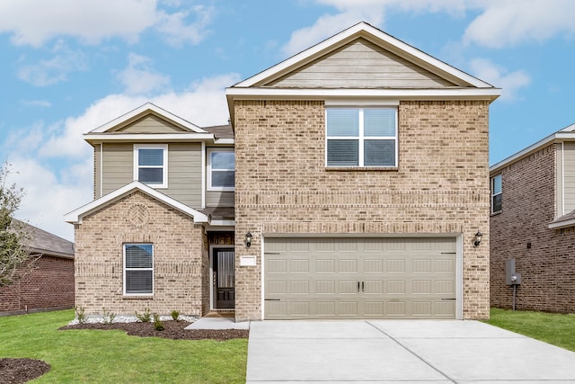 view of front of property featuring driveway, an attached garage, a front yard, and brick siding