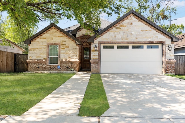 view of front of home featuring a garage, driveway, brick siding, fence, and a front yard