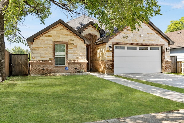 view of front facade featuring a garage, concrete driveway, brick siding, and a front lawn