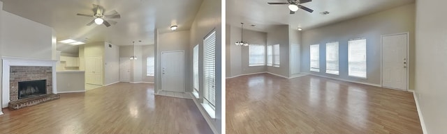 unfurnished living room featuring light wood-type flooring, a brick fireplace, ceiling fan, and visible vents