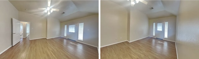 interior space featuring vaulted ceiling, light wood finished floors, a ceiling fan, and a healthy amount of sunlight