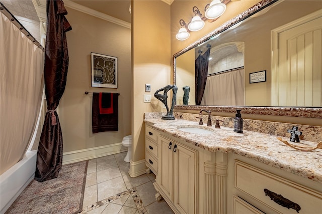 bathroom featuring baseboards, toilet, vanity, shower / bath combination with curtain, and crown molding