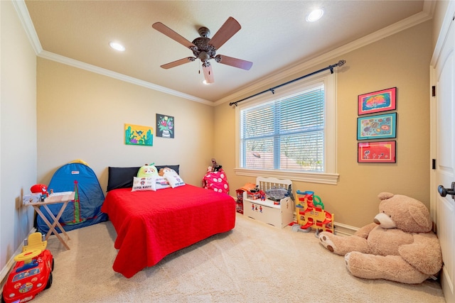 bedroom with ornamental molding, carpet flooring, a ceiling fan, and recessed lighting