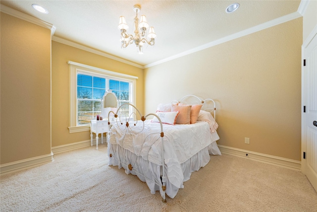 bedroom with light carpet, crown molding, and a notable chandelier