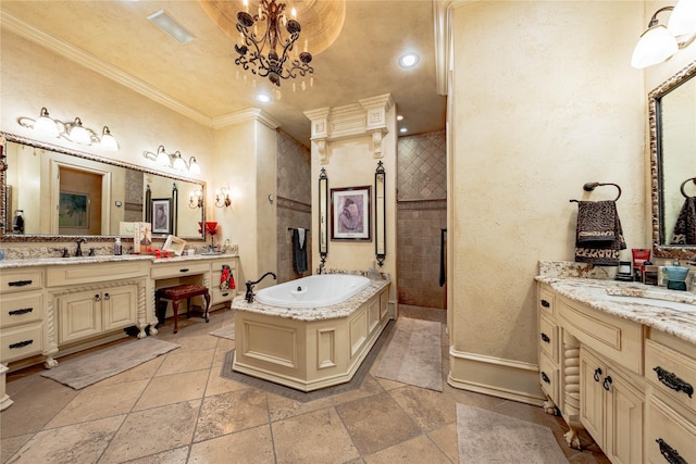 full bathroom with a garden tub, stone tile floors, vanity, ornamental molding, and a tile shower