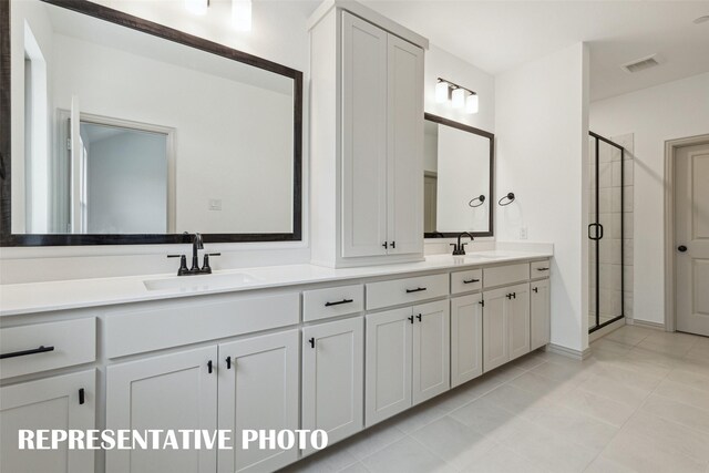 full bathroom featuring double vanity, a stall shower, a sink, and visible vents