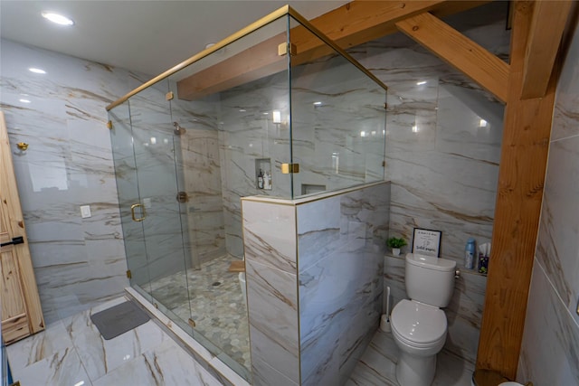 full bath with marble finish floor, stone wall, a marble finish shower, and toilet