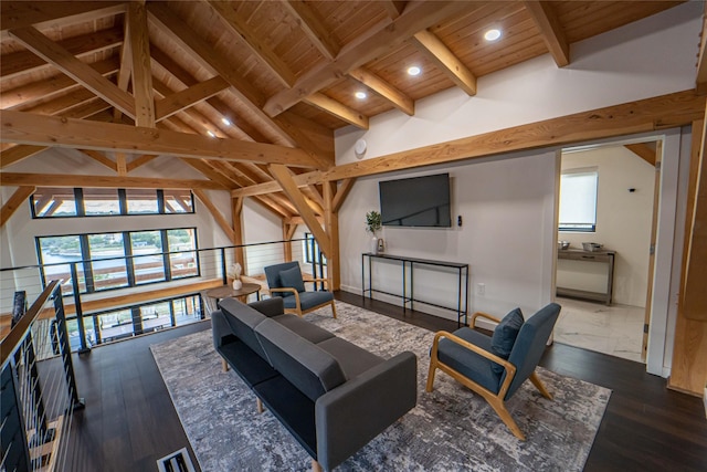 living room with recessed lighting, beam ceiling, wooden ceiling, and dark wood finished floors