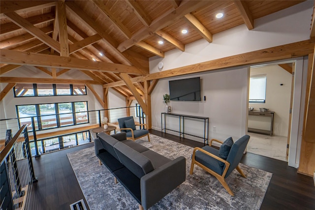 living room featuring lofted ceiling with beams, recessed lighting, wooden ceiling, and baseboards