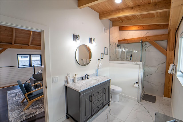 full bath featuring beam ceiling, vanity, toilet, a marble finish shower, and wood ceiling