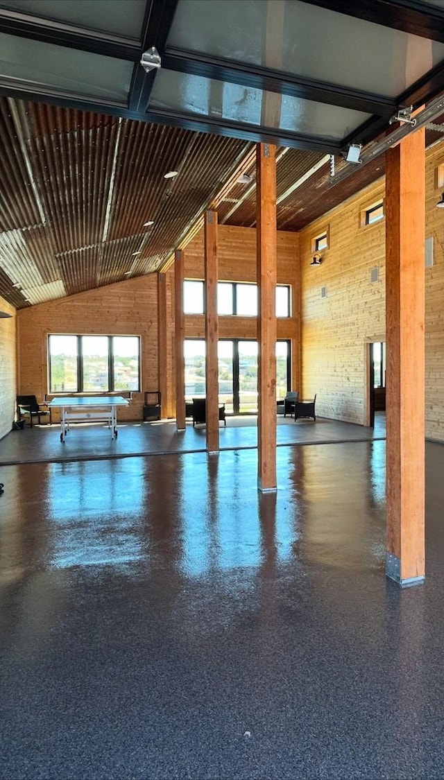 garage with wood walls