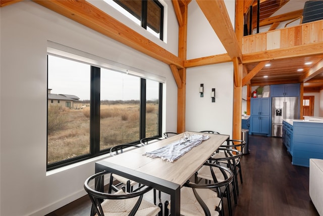 dining room featuring baseboards, dark wood finished floors, beam ceiling, and recessed lighting