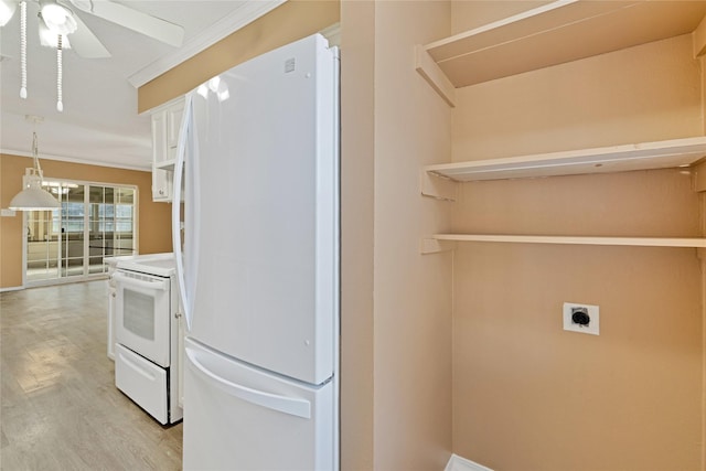 laundry room with ceiling fan, laundry area, ornamental molding, and light wood-type flooring