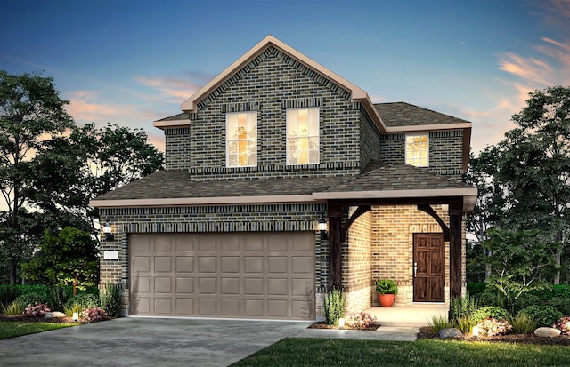 view of front of house with an attached garage, roof with shingles, concrete driveway, and brick siding