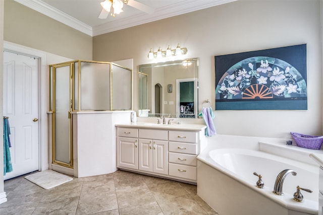 bathroom featuring ceiling fan, ornamental molding, vanity, a shower stall, and a bath