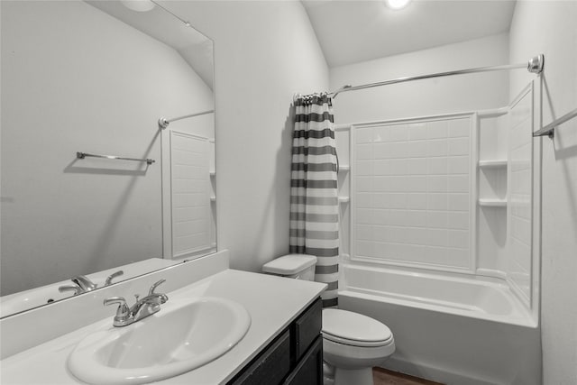 bathroom featuring shower / tub combo, vanity, toilet, and wood finished floors