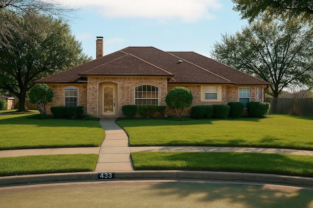 view of front facade with a front yard, brick siding, and fence