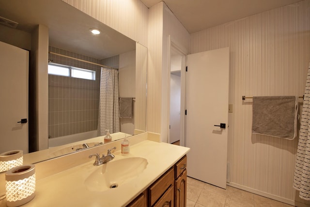 bathroom with visible vents, tile patterned floors, vanity, and a shower with curtain