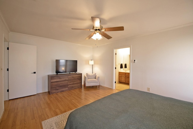 bedroom with crown molding, ceiling fan, connected bathroom, and light wood-type flooring